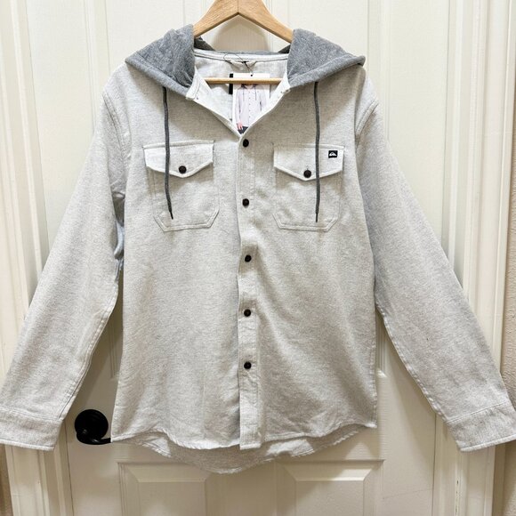 New Quiksilver Hooded Buttoned Flannel Shirt Men's Size M Gray Plaid Y2K Grunge - Picture 13 of 13